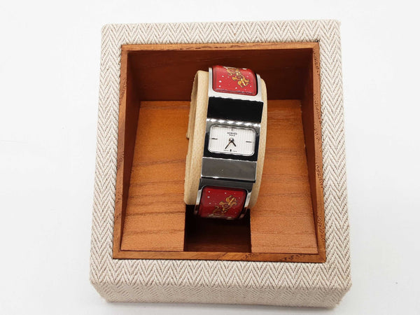Hermes 19 Loquet Apollo Painted Red Enamel Steel Bangle Quartz Watch Do1125lrxde