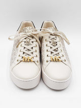 Michael Kors Poppy Sneakers In Vanilla Logo Coated Canvas Size 9.5 Fw0226wrdu