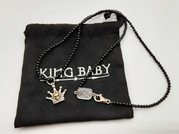 King Baby Skull Crown 0.925 Silver 18.0g Onyx Beads Necklace 24 In Do1124lxzde