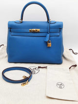 Hermes Kelly 35 Bleu Zanzibar Blue Gris Pearl Gray Togo Gold Crossbody Do0724exzxde