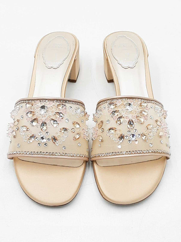 Rene Caovilla Crystal Embellished Nude Cinderella Mules Size 39 Eb1225lrxdu