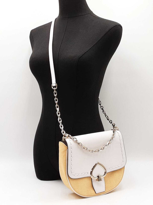 Kate Spade Robyn Chain Saddle Bag In White Leather & Raffia Fw0825wxdu