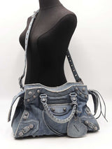 Balenciaga Crystal Neo Cagole City Bag In Distressed Blue Denim Fw0126lrxzdu