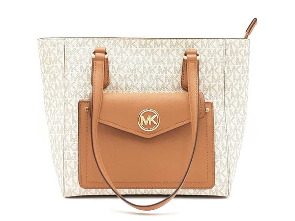 Michael Kors Joey Pocket Tote Bag In Vanilla & Acorn Coated Canvas Fw0425ixdu