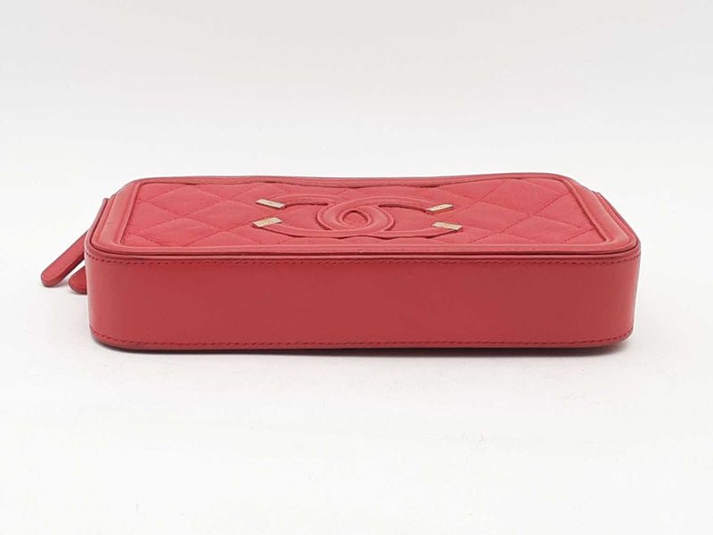 Chanel Cc Filigree Caviar Double Zip Clutch With Chain Red Aa0225rxzsa