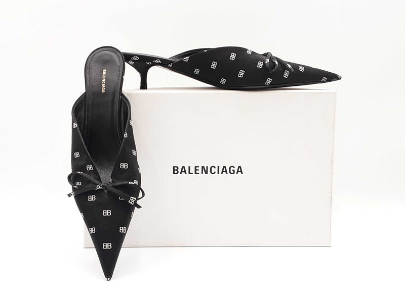 Balenciaga Knife Kitten-heel Mules In Logo-print Black Satin Size