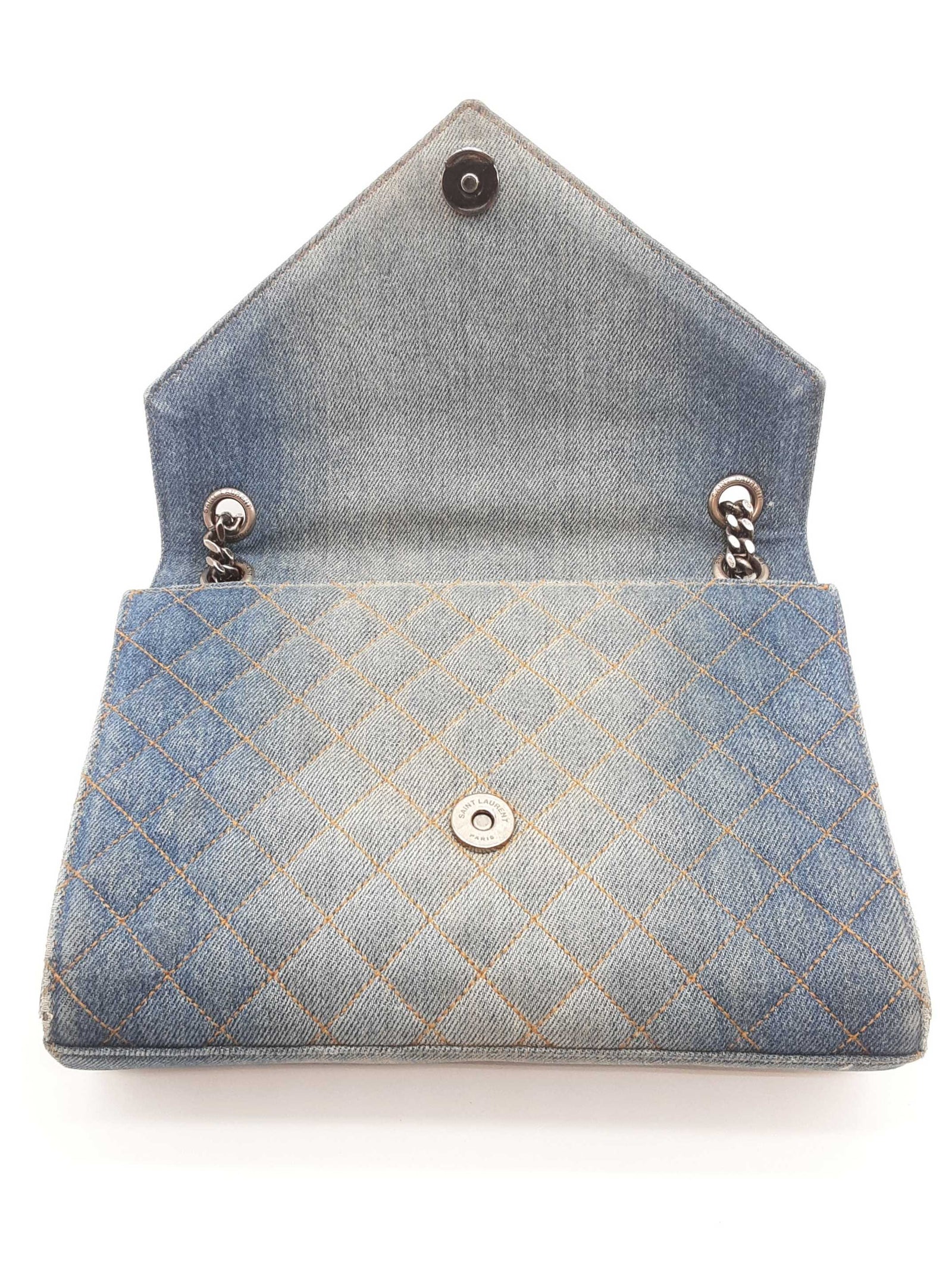 Ysl Saint Laurent Washed Denim Matelasse Chevron College Bag
