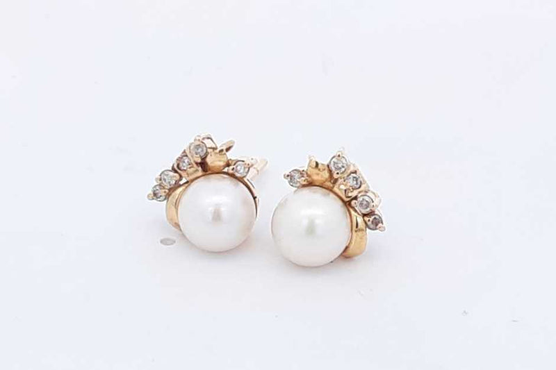 Pearl & Diamond Stud Earrings In 10k Yellow Gold 4.6 Grams Eb0624oxzsa