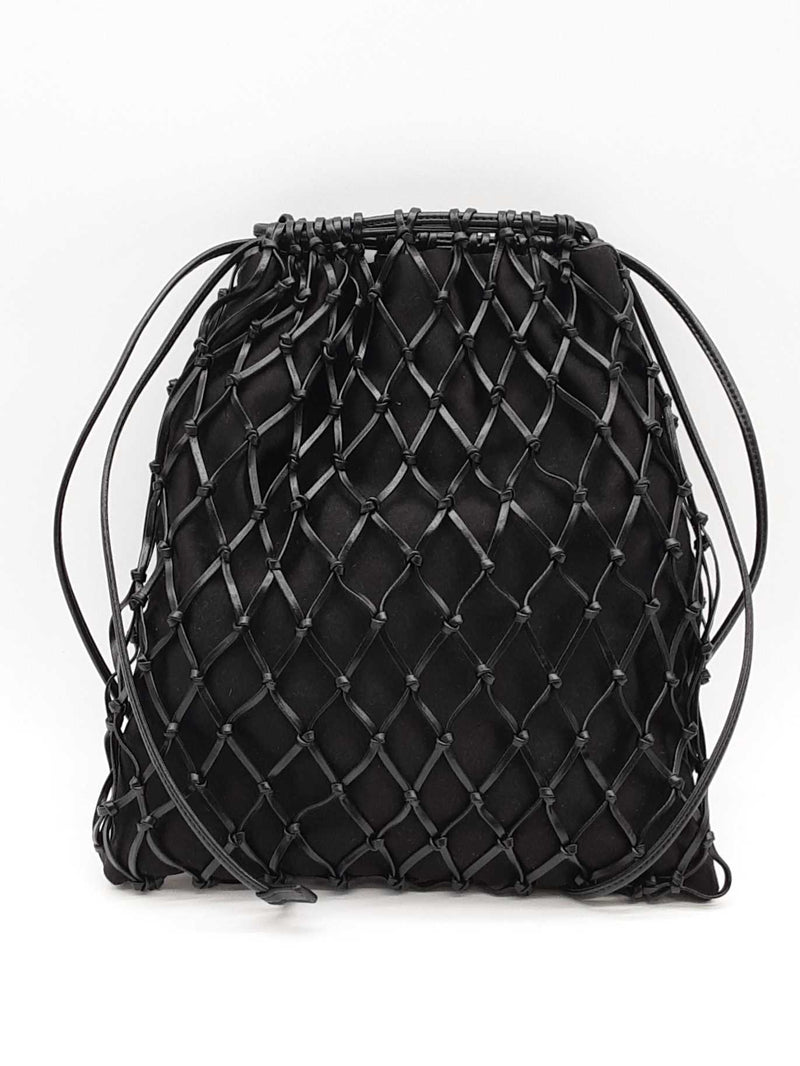 Prada Black Satin Leather Net Overlay Drawstring Crossbody Bag