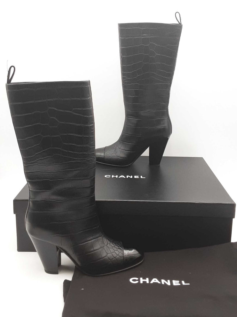 Chanel Croc Embossed Black Leather Boots Size 36.5 Eb0824wrxsa