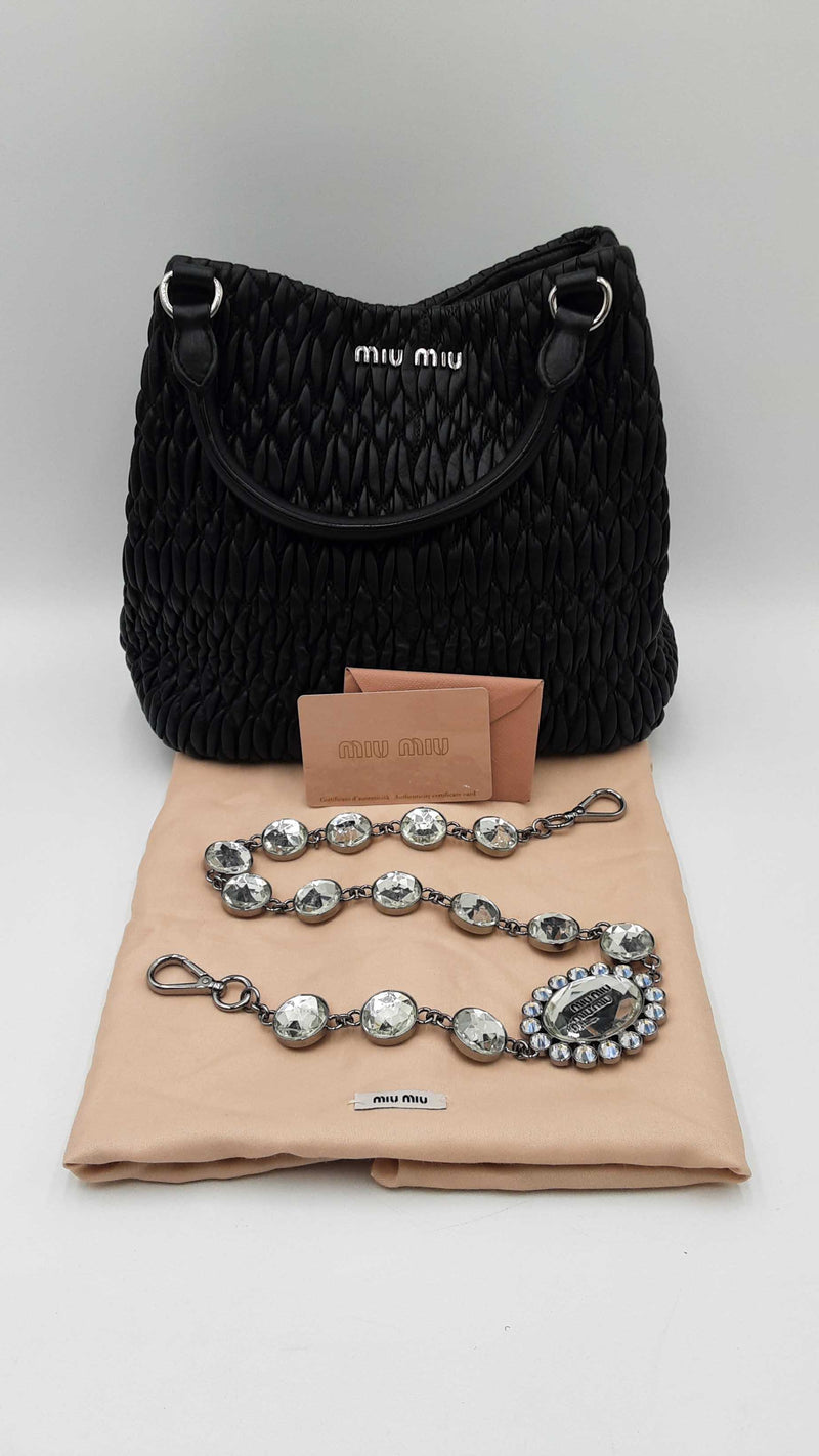 Miu Miu Black Pleated Leather Crystal Chain Shoulder Bag Fw1024oxzdu