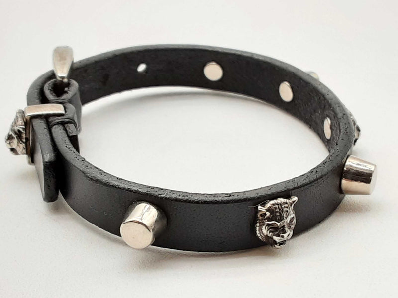 Gucci Feline Studded Black Leather Bracelet 6.75 In Do1224crde