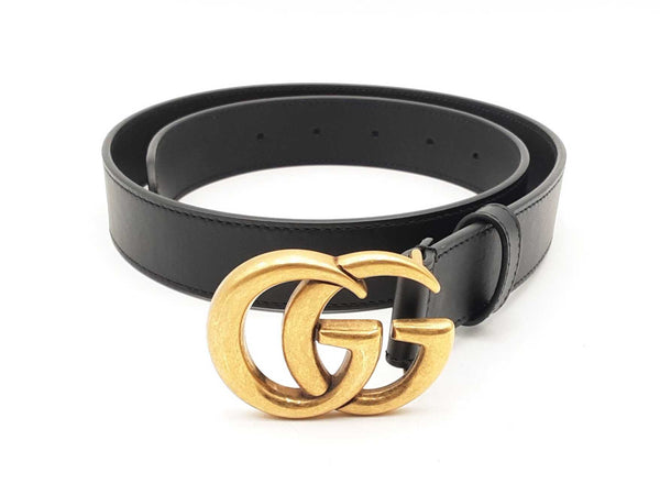 Gucci Gg Marmont Thin Black Leather Belt & Gold-tone Buckle Fw1224crsa