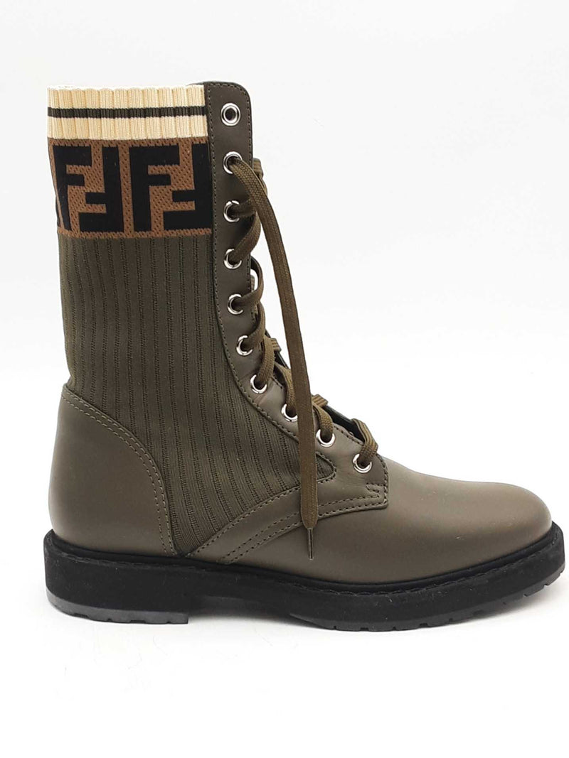 Fendi Rockoko Green Leather & Knit Combat Boots Size 37 Eb0925oxzsa
