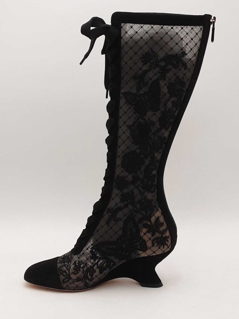 Dior Embroidered Mesh Suede Naughtily-d Knee Boots Black Size 37 Aa1125wzxsa