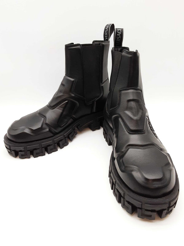 Versace Greca Portico Black Panelled Leather Boots Size Eu 45 Do0225orxde