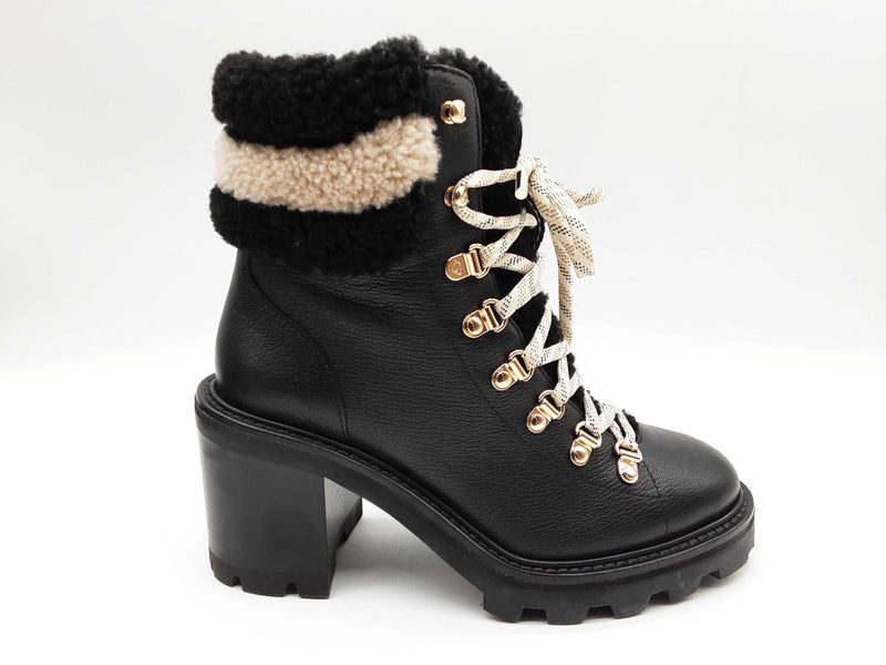 Jimmy Choos Eshe 65 Shearling Trim Black Leather Boots Size Eu 37.5 Do0624lxzde