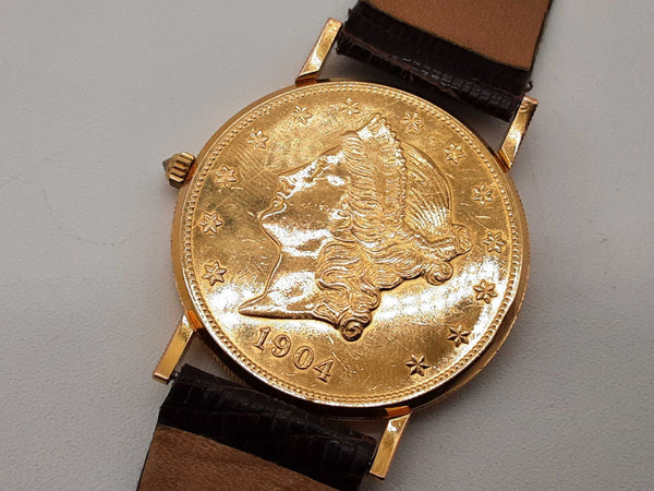 Corum 1904 20 Dollar Liberty Coin Brown Lizard Leather 22k Yg Quartz Watch Do0425orxzde