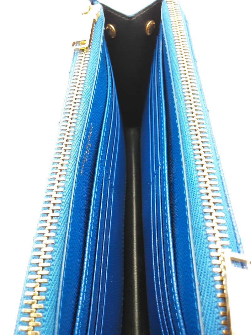 Ysl Cassandra Chevron Quilted Cobalt Leather Double Zip Clutch