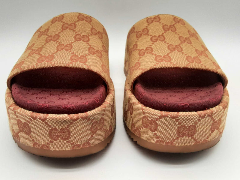 Gucci 573018 Angelina Beige Red Gg Canvas Platform Slides Size 39 Do0924lrxde