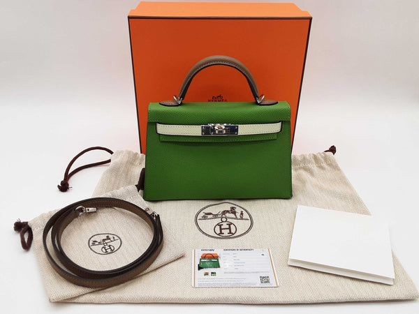 Hermes Mini Kelly Tricolor Green Gray Epsom Palladium Hardware Bag Do0925oxzxzde