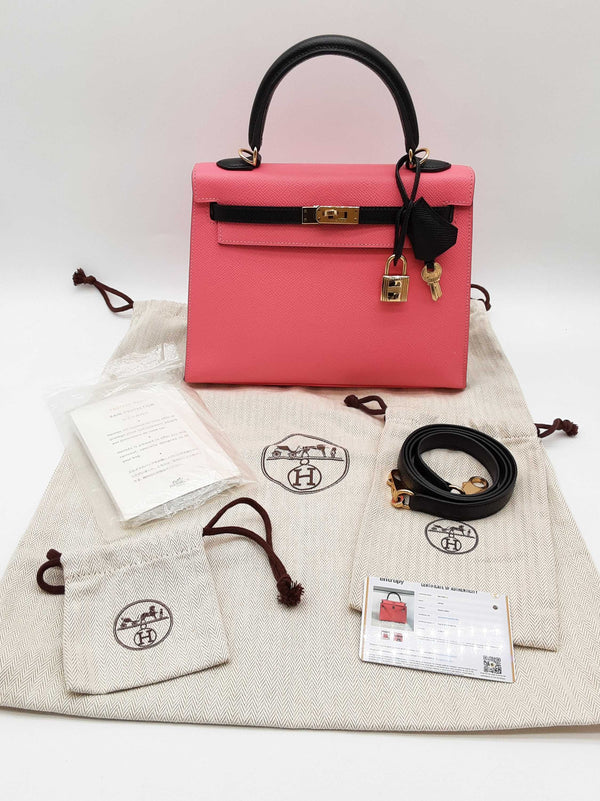 Hermes Kelly 25 Special Order Pink Black Epsom Gold Handbag Do0625lpxzxde