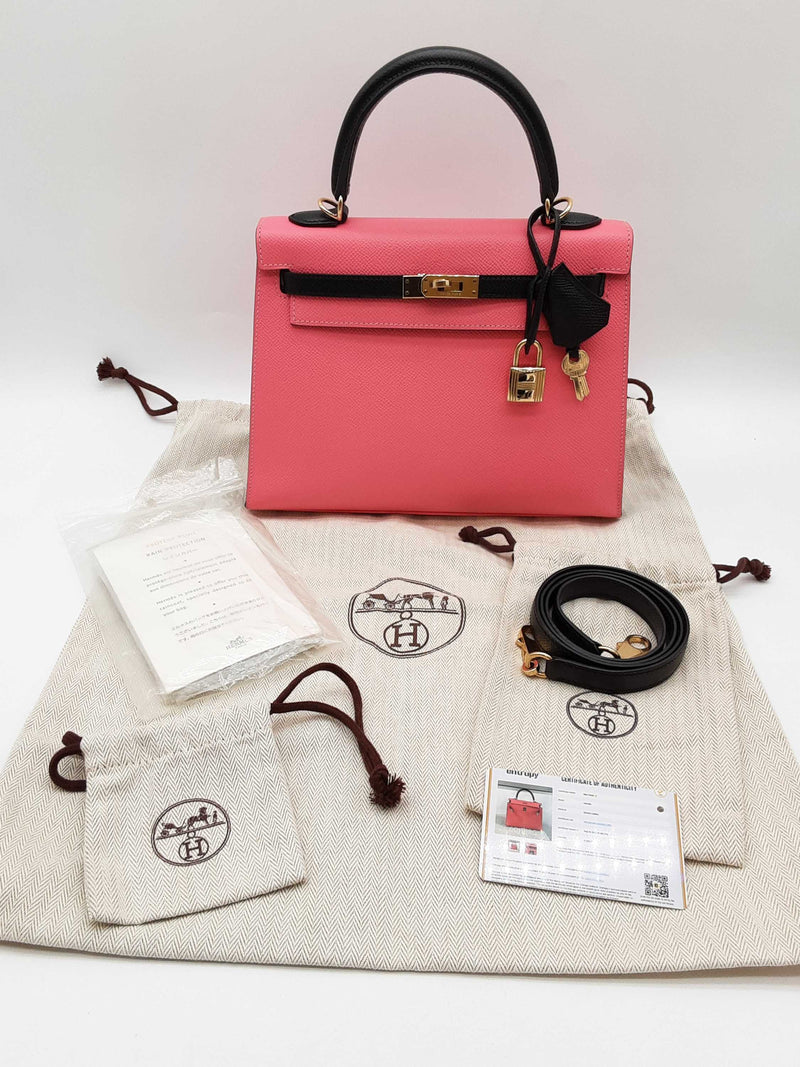 Hermes Kelly 25 Special Order Pink Black Epsom Gold Handbag Do0625lpxzxde