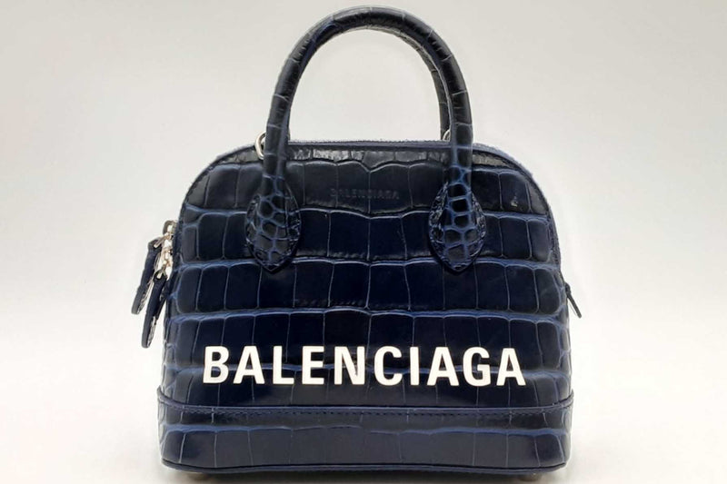 Balenciaga Ville Crocodile Embossed Blue Leather Top Handle Bag Eb0425lrxsa