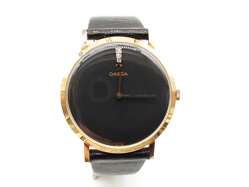 Omega 33mm Black Dial Lizard Band 14k Yellow Gold Winding Watch Do0525lxzxde