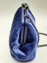 Chanel Kiss Lock Blue Velvet Quilted Clutch Crossbody Bag Dolexz0924