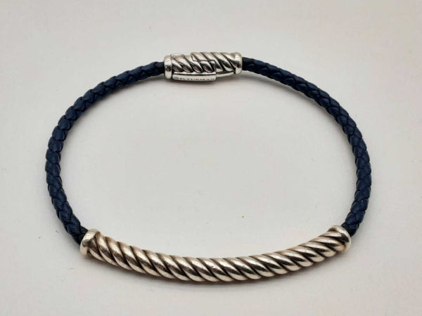 David Yurman Metro 0.925 Silver 13.0g Blue Leather Cable Bracelet Do1024loxde