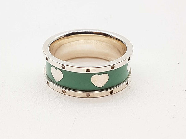 Tiffany & Co 0.925 Silver Teal Enamel Hearts Band Ring Size 7.25 Do1125lxzde
