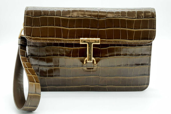 Tom Ford Crocodile Effect T Pin Portfolio Clutch In Khaki Lh0125de