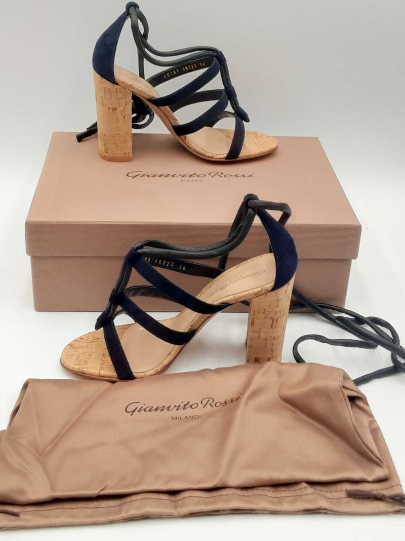 Gianvito Rossi Navy Blue Suede & Leather Cork Heel Ankle Wrap Sandals Eb0723crsa