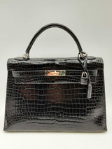 Hermes Kelly 32 Noir Black Shiny Croc Palladium Hardware Shoulder Bag Do0125orxzxde