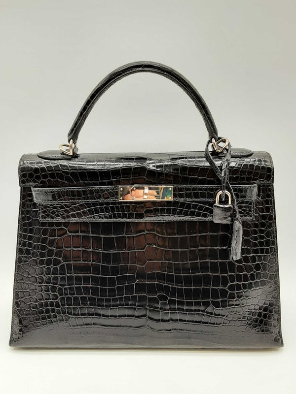 Hermes Kelly 32 Noir Black Shiny Croc Palladium Hardware Shoulder Bag Do0125orxzxde