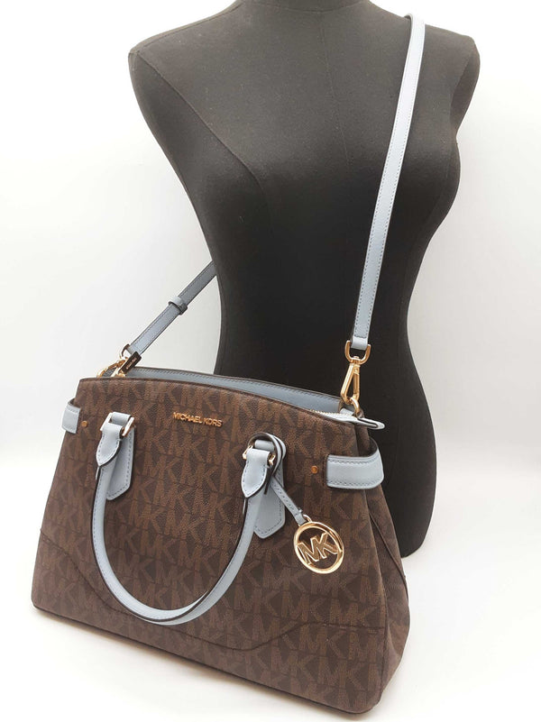 Michael Kors Lynn Brown Signature Blue Saffiano Crossbody Satchel Do0225rxde