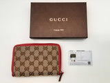 Gucci 420113 Gg Tan Canvas Red Leather Zipper Wallet Do0125lexde