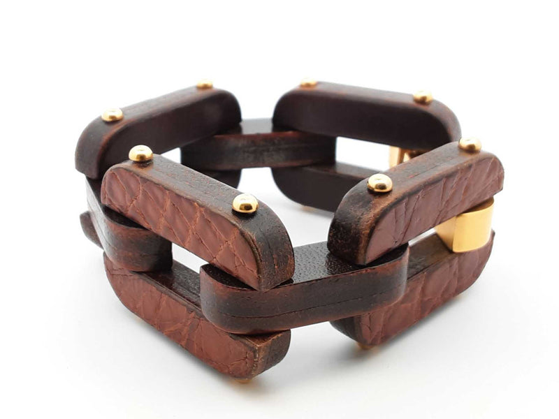 Fendi Wood  & Leather Link Bracelet 77.2 Grams Fw0125lxzdu