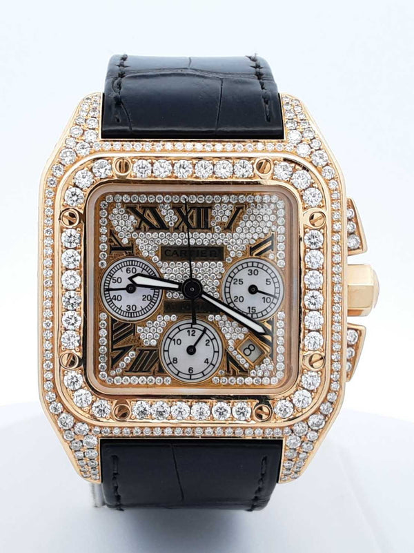 Santos De Cartier 100 Chronograph 10.06 Cttw Diamond & 18k Yellow Gold 41mm Automatic Watch 239 Grams Fw0825rxzxdu