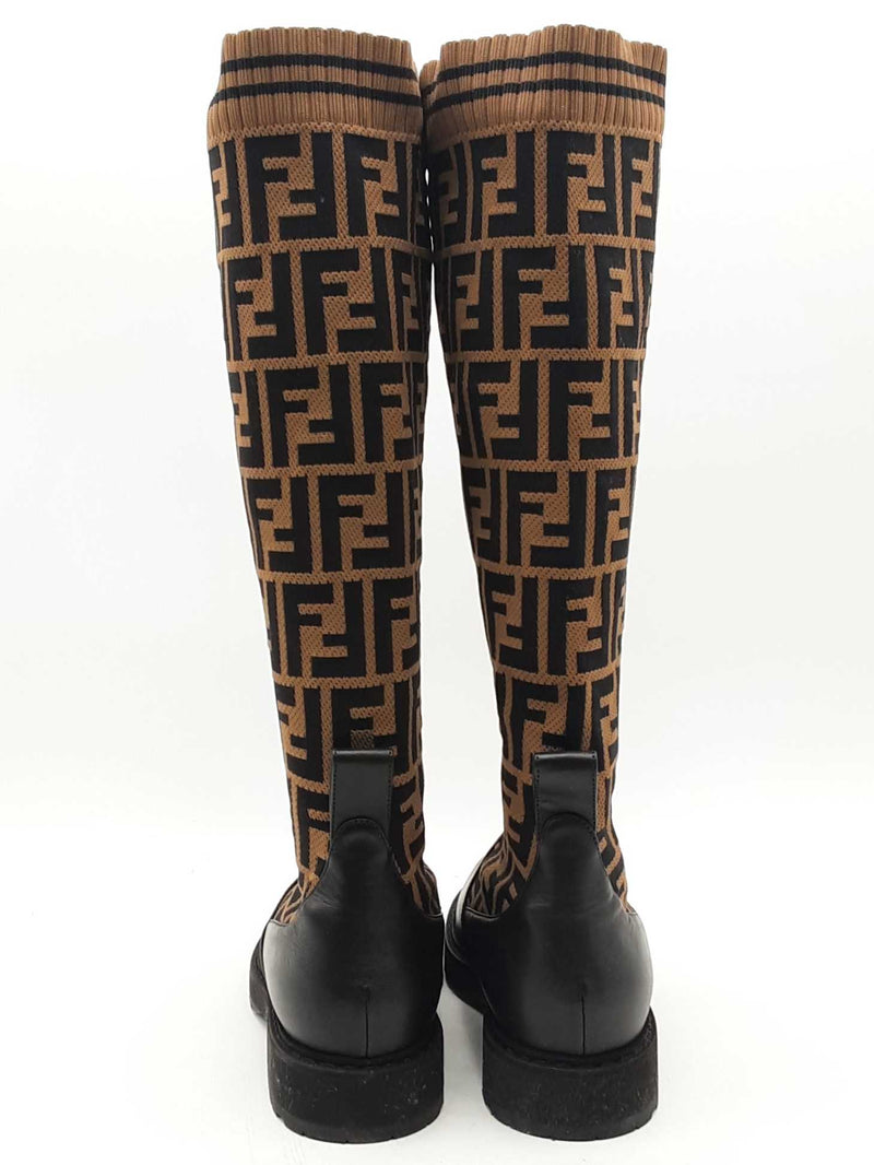 Fendi Rockoko Ff Fabric & Leather Knee High Boots Size 38 Eb0125oxzsa