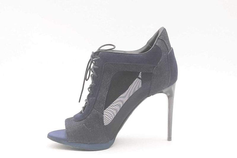 Burberry Denim & Navy Blue Sude Peep Toe Lace Up Heel Booties Size 36 Eb325lxzsa