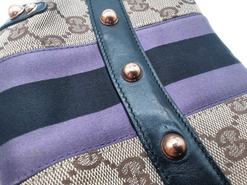 Gucci 129498 Mini Horsebit Tan Gg Canvas Purple Black Satin Clutch Do0925pxzde