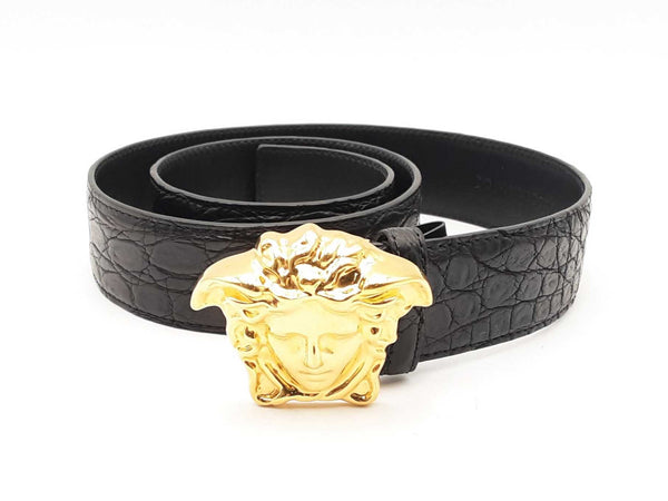 Versace La Medusa Croc-embossed Black Leather Belt & Gold-tone Buckle Fwlxzsa