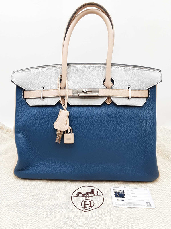 Hermes Custom Birkin 35 Blue Beige Clemence Palladium Handbag Do0825srxzde