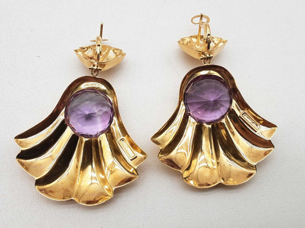 18k Yellow Gold 14.0g Synthetic Amethyst Scallop Earrings Do1224eorde