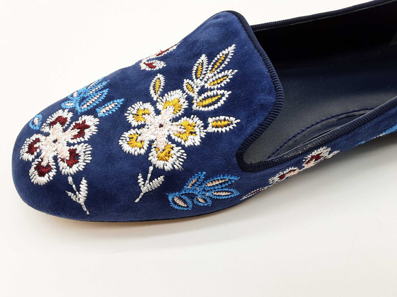 Tory Burch Trotters Estee Blue Suede Floral Embroidered Shoes Size8.5 Do0725lxde