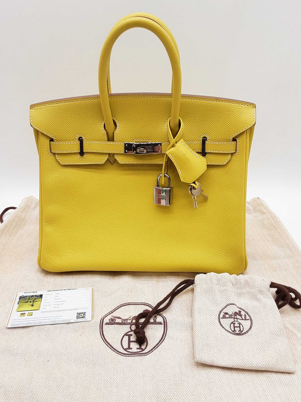 Hermes Birkin 25 Candy Lime Yellow Epsom Gray Interior Palladium Handbag Do0525lixzxde