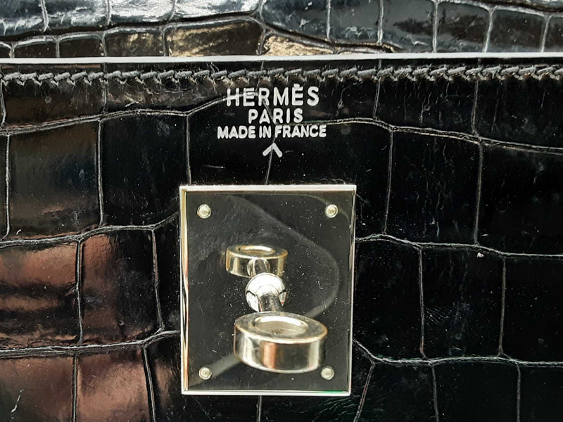 Hermes Kelly 32 Noir Black Shiny Croc Palladium Hardware Shoulder Bag Do0125orxzxde