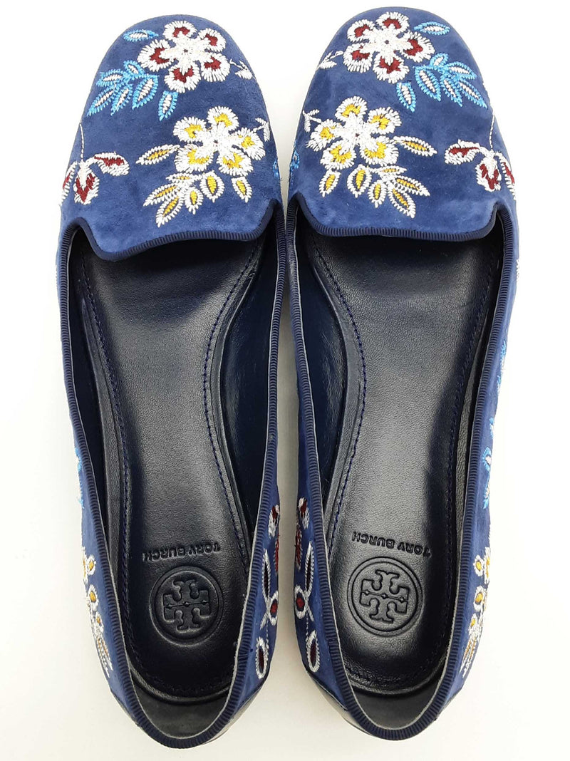 Tory Burch Trotters Estee Blue Suede Floral Embroidered Shoes Size8.5 Do0725lxde
